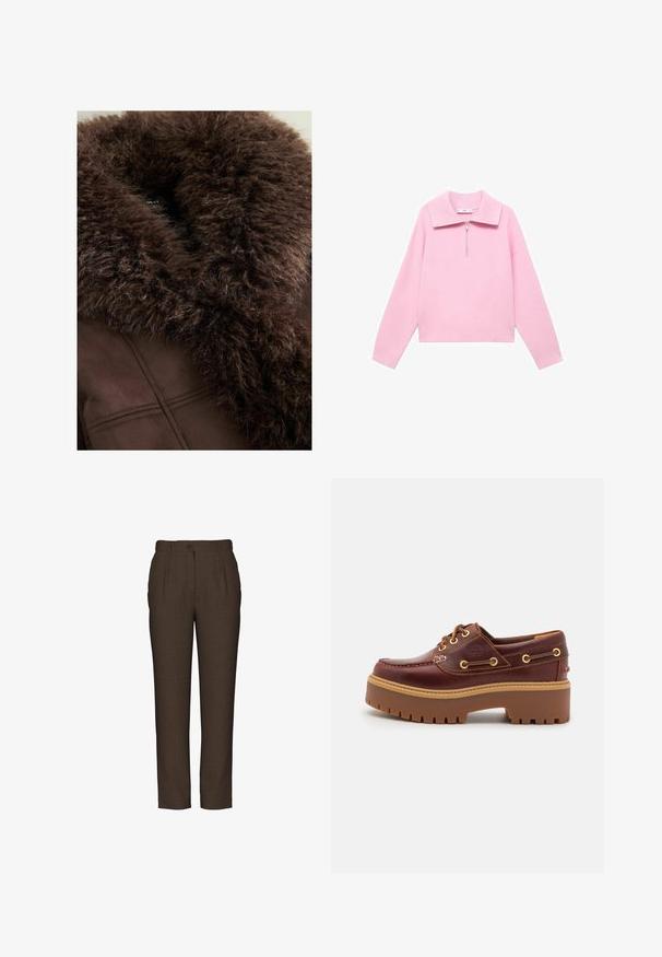 Brun imitationpälskrage på en mörkbrun jacka, med mjuk textur, rena linjer och en slät tygfinish. Synlig etikett på insidan.; Rosa kortärmad sweatshirt med hög krage och halvdragkedja fram. Har långa ärmar och en slät, mjuk textur. Inga mönster eller detaljer närvarande.; Bruna skräddarsydda byxor i ett texturerat tyg. Har en framfåra, knäppning och raka ben, designade för en slim fit.; Brun läderskärgårdssko med en kraftig brun gummisula, guldfärgad ögla och kontrasterande sömmar. Har en logotyp på sidan.