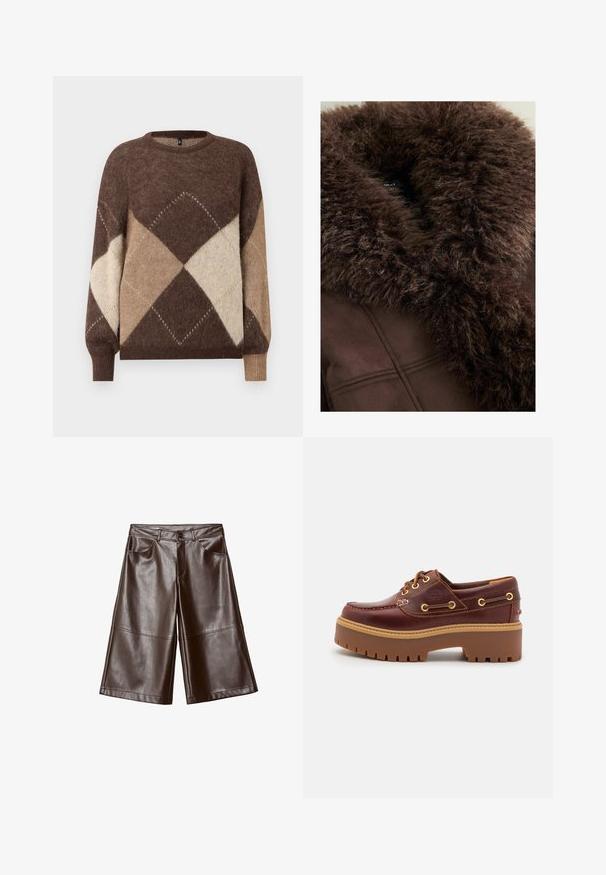 Collare in pelliccia sintetica marrone su una giacca marrone scuro, con texture morbida, linee pulite e finitura in tessuto liscia. Etichetta visibile all'interno.; Maglione a maglia con motivo argyle marrone e beige, maniche lunghe e polsini a coste, su uno sfondo bianco.; Pantaloni corti larghi di lunghezza al ginocchio in finta pelle marrone con tasche frontali e passanti per la cintura, distesi su uno sfondo bianco.; Scarpa da barca in pelle marrone con suola in gomma marrone robusta, occhielli dorati e cuciture a contrasto. Presenta un logo sul lato.