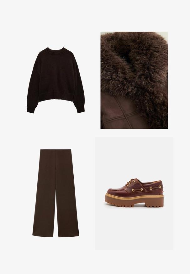 Brauner Kunstfellkragen an einer dunkelbraunen Jacke mit weicher Textur, klaren Linien und einem glatten Stofffinish. Sichtbares Etikett im Inneren.; Dunkelbrauner, gestrickter Pullover mit Rundhalsausschnitt, oversized Schnitt, überschnittenen Schultern sowie gerippten Bündchen und Saum. Strukturiertes Stoffdetail sichtbar.; Weite Hosen aus einem glatten, dunkelbraunen Stoff. Sie haben einen hohen Bund und ein minimalistisches Design ohne Verzierungen.; Braune Lederbootsschuhe mit einer massiven braunen Gummisohle, goldenen Ösen und kontrastierenden Nähten. Mit einem Logo an der Seite.