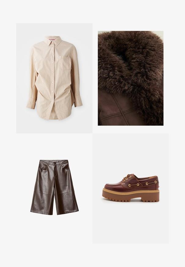 Collare in pelliccia sintetica marrone su una giacca marrone scuro, con texture morbida, linee pulite e finitura in tessuto liscia. Etichetta visibile all'interno.; Camicia beige a maniche lunghe con bottoni, con motivo a quadri, dotata di colletto, tasca sul lato sinistro e bottoni bianchi.; Pantaloni corti larghi di lunghezza al ginocchio in finta pelle marrone con tasche frontali e passanti per la cintura, distesi su uno sfondo bianco.; Scarpa da barca in pelle marrone con suola in gomma marrone robusta, occhielli dorati e cuciture a contrasto. Presenta un logo sul lato.
