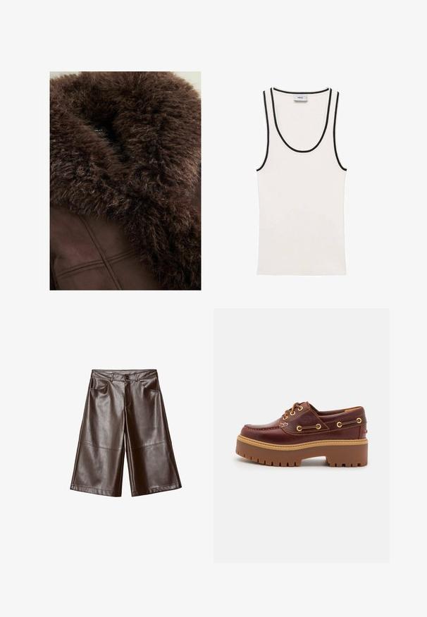 Collare in pelliccia sintetica marrone su una giacca marrone scuro, con texture morbida, linee pulite e finitura in tessuto liscia. Etichetta visibile all'interno.; Canottiera bianca con texture a coste, caratterizzata da bordi neri lungo il collo e le aperture delle braccia. Design semplice senza maniche.; Pantaloni corti larghi di lunghezza al ginocchio in finta pelle marrone con tasche frontali e passanti per la cintura, distesi su uno sfondo bianco.; Scarpa da barca in pelle marrone con suola in gomma marrone robusta, occhielli dorati e cuciture a contrasto. Presenta un logo sul lato.