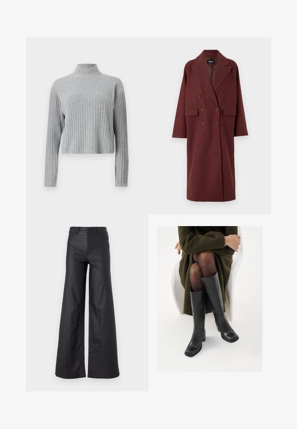 Burgundi, kétsoros kabát lekerekített gallérral, oldalsó zsebekkel és laza fazonnal, gyapjúra hasonlító anyagból készült.; Szürke bordázott garbós pulóver hosszú ujjal, rövidített aljjal, puha textúrával és formázott kialakítással. Nincs látható fémrész vagy minta.; Fekete, bő szabású nadrág mesterséges bőrből. Jellemzője a magas derék, övhurkok, két elülső zseb és varrott részletek.; Térdfelett érő fekete bőr csizmák négyzet alakú orral és tömbtalppal, olajzöld kabátban ülő modellel bemutatva. Simaság, minimalista részletezés.