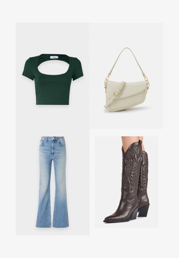 Burgundijas krāsas divrindnieka mētelis ar izgrieztu apkakli, sānu kabatām un brīvu piegriezumu, izgatavots no vilnai līdzīgas tekstūras.; Zaļa īsa krūštura krekliņš, kas izgatavots no mīkstas auduma, ar plašu kvadrātu kakla izgriezumu un īsām piedurknēm, ar minimālām šuvju detaļām.; Gai zili flared džinsi, kas izgatavoti no denima, ar augstu jostasvietu, piecu kabatu dizainu un maigu gradientu izbalēšanu uz apakšmalas.; Brūni ādas kovboju zābaki ar norādītu purngalu un blokveida papēdi, ar detalizētu šūšanu un paceltiem akcentiem uz kājas daļas.; Maza krēmkrāsas rokas soma ar teksturētu apdari, garu regulējamu siksniņu, ķēdes akcentu un vāciņa aizdari. Zelta aparatūras detaļas.; Sudraba gredzenveida auskari ar savītu dizainu, kas ir ar pulētu apdari un ar aizmugurēju fiksāciju. Izmērs ir aptuveni 3 cm diametrā.