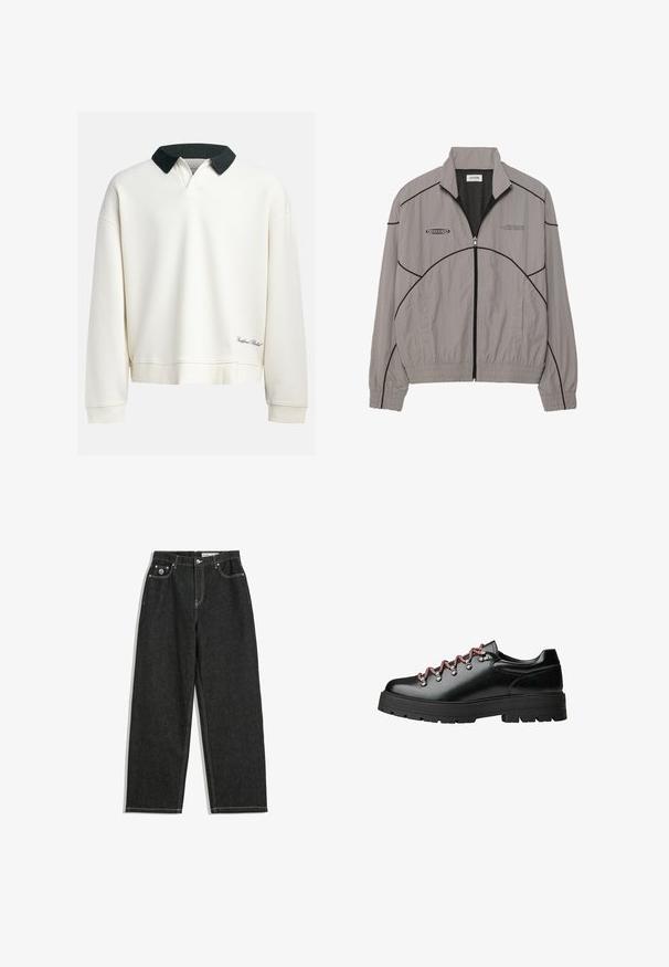 Svetlomodrý vetrový kabát s čiernymi akcentmi, so zipsom vpredu, sieťovanou podšívkou, stojacím golierom a dvoma bočnými vreckami. Logo značky na hrudi.; Pulóver s okrúhlym výstrihom v prírodnej farbe z bavlny s kontrastným tmavozeleným golierom. Obsahuje rebrovanú textúru a vyšitý logo blízko lemu.; Čierne rovné džínsy s bielym prešívaním, designom s piatimi vreckami, zapínaním na gombík a zips, a malým logom na pravom prednom vrecku.; Čierna kožená turistická obuv so svojím podpisovým červeným a bielym šnurovaním, veľkými očkami a robustnou podrážkou s vrúbkovaním pre lepšiu priľnavosť a stabilitu.