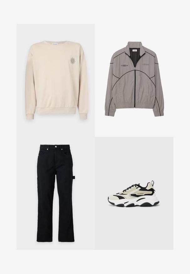 Heledashallane tuulekast, millel on must aktsentõmblus, lukuga esikülg, võrkkate, seisev krae ja kaks kül pocketit. Brändi logo rinnal.; Beige kapuutsita särk, mis on valmistatud pehmest kangast, omab ümmargust kaelaauku, pikki varrukaid ning vasakul rinnal väikest päikese graafikat.; Mustad teksapükse otsekärbega, ees taskud ja taga kinnituslingi taskud. Kätkeb hõbedast riistvara ja külgkonksude detaili funktsionaalsuse tagamiseks.; Tugev sneaker, millel on beež ja must võrkmaterjalist ülemine osa, valge vaheosa, must kummist välistald ja logo detailid külgedel.
