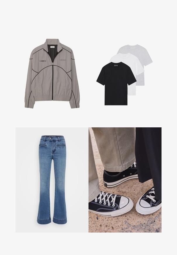 Svetlo siv vetrni jakna z črnimi kontrastnimi šivi, z zadrgo spredaj, mrežasto podlogo, stoječim ovratnikom in dvema stranskima žepoma. Logotip blagovne znamke na prsih.; Komplet treh osnovnih majic v črni, beli in svetlo sivi barvi. Kratki rokavi, okrogla izrezana vrata, narejene iz gladkega bombažnega materiala. Vidna blagovna znamka.; Razširjeni jeans v srednje modri barvi z visokim pasom, sprednjimi žepi in kontrastnim šivanjem. Tkanina je mehka z rahlo obrabljenim videzom.; Črne platnene superge z belimi gumijastimi kapicami in vezalkami. Kontrastno šivanje in kovinski ježki dodajajo detajle. Obute z bež hlačami in črno tkanino.