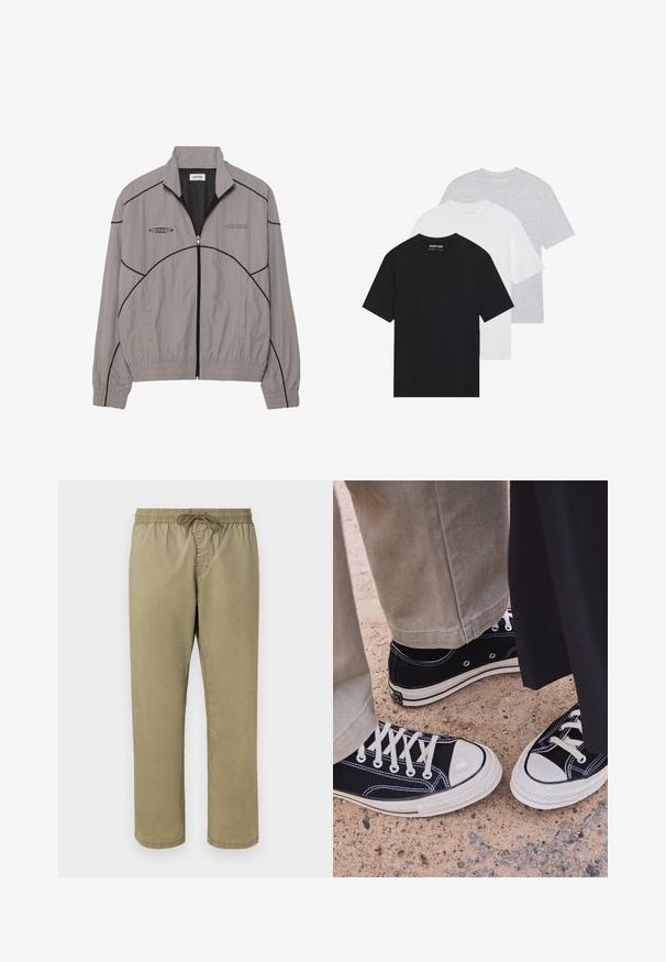 Svijetlosiva windbreaker jakna s crnim naglascima, zatvarač sprijeda, mrežasta podstava, izravni ovratnik i dva bočna džepa. Brand logo na prsima.; Set od tri osnovne majice u crnoj, bijeloj i svijetlosivoj boji. Kratki rukavi, okrugli izrez, izrađene od glatkog pamučnog materijala. Vidljiv logotip branda.; Hlače bež boje s elastičnim pojasom i vezicom, s glatkom teksturom i ravnim krojem.; Crne platnene tenisice s bijelim gumastim vrhovima i vezicama. Kontrastni šavovi i metalne rupice dodaju detalj. Nosive s bež hlačama i crnim materijalom.