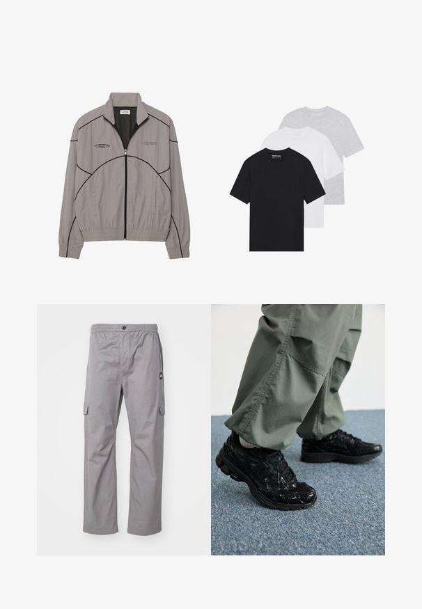 Jasnoszara kurtka przeciwwiatrowa z czarnymi akcentami, zamek z przodu, podszewka siateczkowa, stójka oraz dwie boczne kieszenie. Logo marki na klatce piersiowej.; Zestaw trzech podstawowych t-shirtów w kolorach czarnym, białym i jasnoszarym. Krótkie rękawy, okrągły dekolt, wykonane z gładkiej bawełnianej tkaniny. Widoczne logo marki.; Szare spodnie cargo z elastycznym pasem, zapięciem na guzik, dwoma bocznymi kieszeniami oraz małą metką z logo po lewej stronie. Miękka tkanina i prosty krój.; Czarne sportowe sneakersy z błyszczącą i siateczkową teksturą, z grubą podeszwą i sznurowadłami, w połączeniu z luźnymi oliwkowymi spodniami cargo.