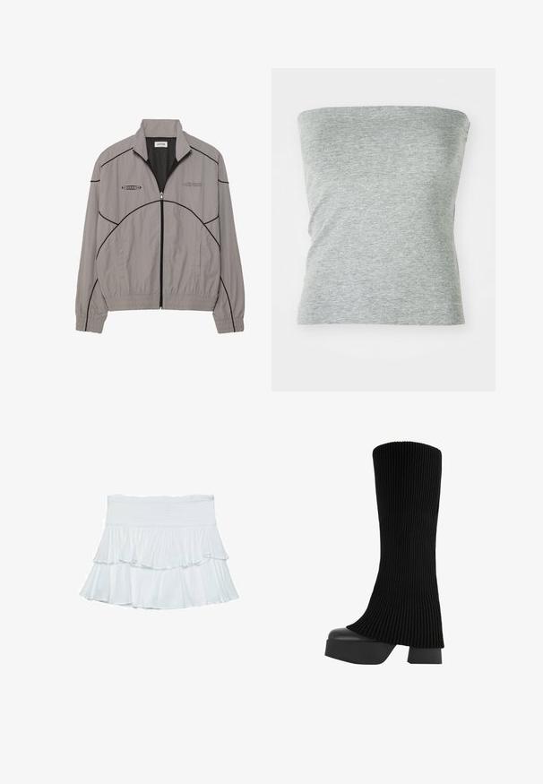 Lichtgrijze windbreaker jas met zwarte accentstiksels, ritssluiting aan de voorkant, mesh voering, staande kraag en twee zijzakken. Merklogo op de borst.; Grijze strapless top gemaakt van zachte, elastische stof. Heeft een eenvoudig ontwerp met een gladde textuur en geen zichtbare naden.; Witte gelaagde rok van zacht, lichtgewicht stof. Beschikt over een smocktail en vloeiende ruches die volume en beweging creëren.; Zwarte knielange laars met een ribbelstof bovenkant, chunky platformzool en blokhak, met een gladde textuur en een stijlvolle, moderne uitstraling.