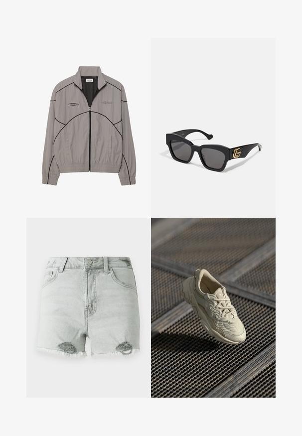 Světle šedý větrový kabát s černým kontrastním prošíváním, zip na přední straně, síťovaná podšívka, stojáček a dvě boční kapsy. Logo značky na hrudi.; Bílý top bez rukávů, žebrovaná textura, kulatý výstřih, obtáhnutý střih, decentní značka na štítku uvnitř oblasti límce.; Světlé šedé džínsové šortky s vysokým pasem, s opotřebovanými detaily a třepenými lemy, a dvěma předními kapsami. Tkanina vypadá měkce a opotřebovaně.; Beige teniska s texturovanou tkaninou, kontrastními hladkými akcenty, zaoblenou podrážkou a tkaničkami, zavěšena nad mřížkovaným povrchem.; Černé obdélníkové sluneční brýle s tmavými skly, na boku s zlatým logem GG. Vyrobené z lesklého plastu s rovnými stranami.