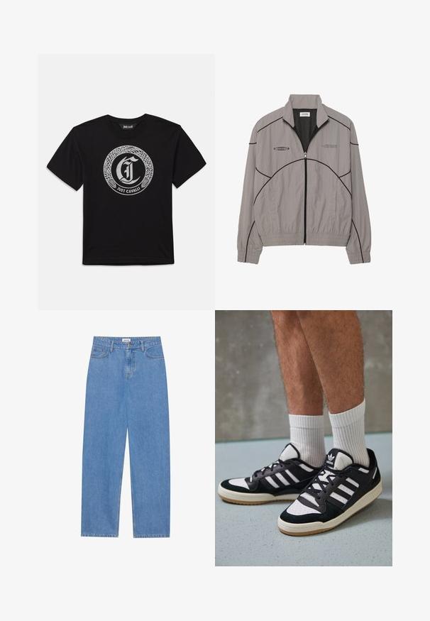 Chaqueta windbreaker gris claro con costuras de acento negras, cierre de cremallera frontal, forro de malla, cuello alto y dos bolsillos laterales. Logo de la marca en el pecho.; Camiseta negra de manga corta con un diseño circular de serpiente plateada que enmarca una letra gótica "J" y el texto "Just Cavalli" debajo.; Jeans de mezclilla azul claro con corte recto, diseño de cinco bolsillos, cierre de un solo botón y detalles de costura sutiles en las costuras.; Zapatillas en blanco y negro con parte superior de ante y cuero, que presentan tres franjas blancas, una puntera perforada y una suela de goma.