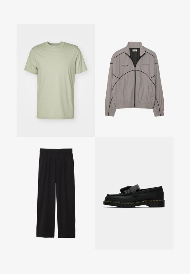 Jachetă de vânt gri deschis, cu cusături negre accentuate, fermoar frontal, căptușeală din plasă, guler înălțat și două buzunare laterale. Logo-ul brandului pe piept.; Tricou din bumbac verde deschis, cu guler rotund, mâneci scurte și un logo subtil al mărcii imprimat în centrul pieptului.; Pantaloni negri largi, cu un front plisat, buzunare laterale și o textură de țesătură netedă. Concepuți pentru o croială relaxată.; Mocasini negri din piele cu ciucuri, cusături galbene pe marginea tălpii și o talpă exterioară groasă, zimțată din cauciuc.