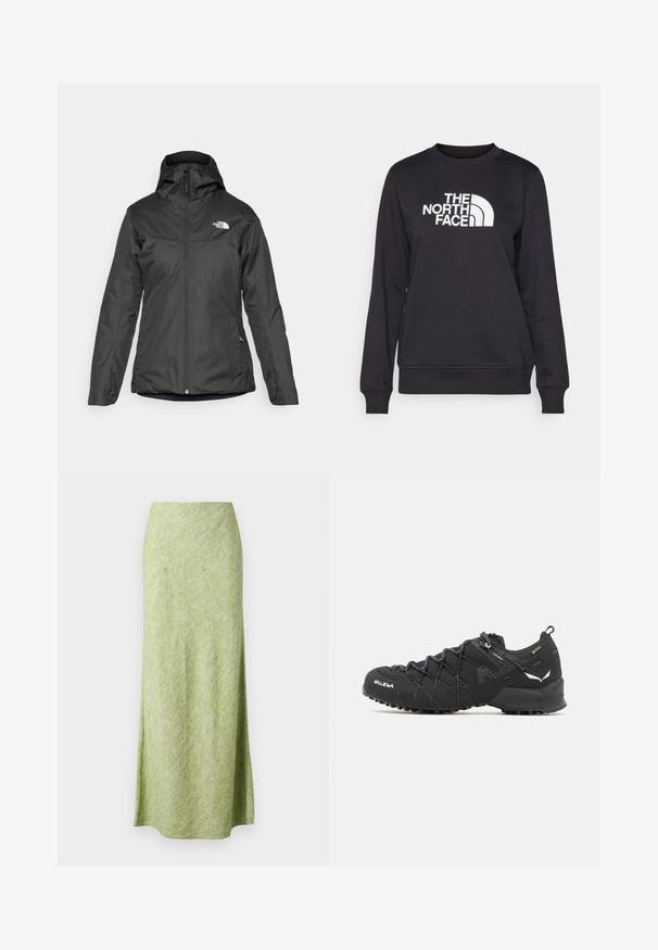 Zwarte geïsoleerde jas met capuchon, volledige rits aan de voorkant en elastische manchetten. Gemaakt van glad, waterafstotend materiaal met logodetail.; Zwarte sweatshirt met ronde hals, lange mouwen, ribgebreide manchetten en een wit "The North Face" logo gecentreerd op de voorkant. Glad materiaal.; Samsøe Samsøe SAAGNETA LONG SKIRT - Maxirok - peridot mel; Zwarte wandelschoenen met een bovenkant van textuurstof, een vetersysteem en een robuuste rubberen zool. Verfraaid met reflecterende details en logo's.