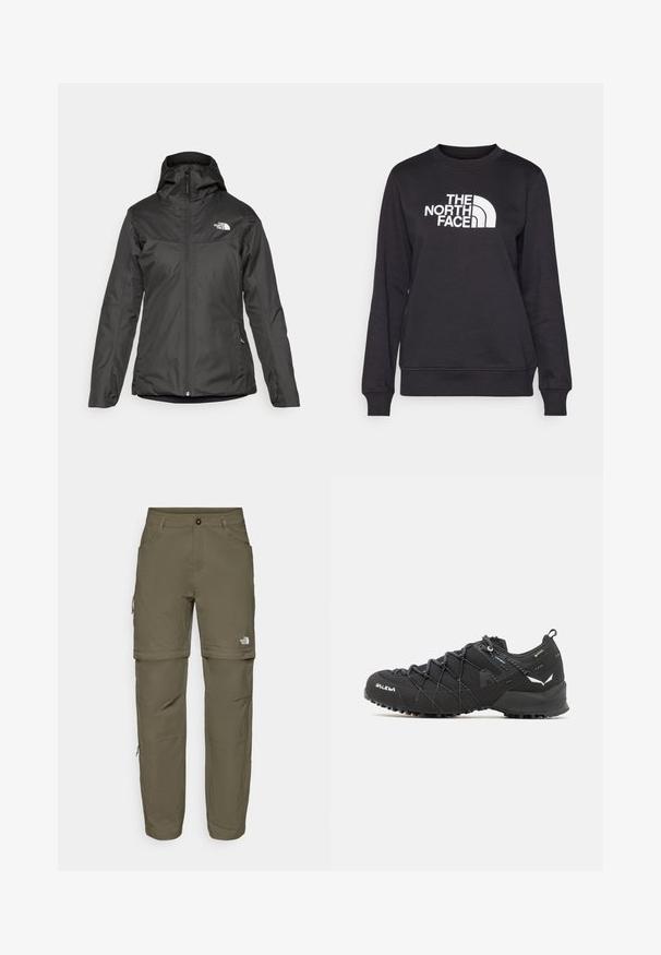 Crna izolirana jakna s kapuljačom, punim prednjim zatvaračem i elastičnim manžetama. Izrađena od glatkog, vodoodpornog materijala s detaljem loga.; Crna dukserica s okruglim izrezom, dugim rukavima, rebrastim manžetama i bijelim logotipom "The North Face" centriranim na prednjoj strani. Glatka tekstura.; Hlače s odvojivim nogavicama u maslinasto zelenoj boji, izrađene od lagane tkanine; sadrže dvije prednje džepove, logo na lijevoj nozi i zatvaranje na zip na koljenima.; Crne planinarske cipele s gornjim dijelom od teksturirane tkanine, sistemom vezivanja i čvrstim gumenim potplatom. Osvijetljene reflektirajućim detaljima i logotipima.