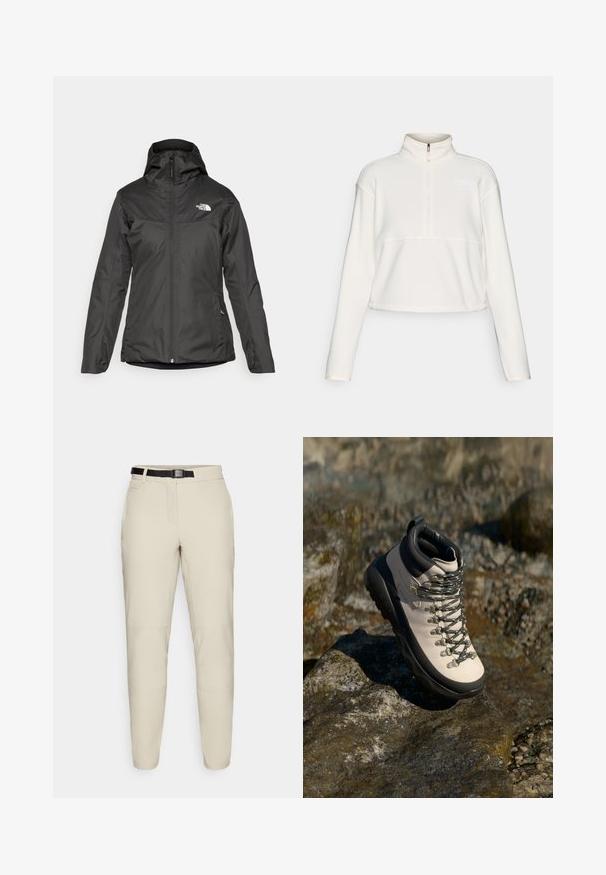 Must värviline isoleeritud jope, millel on kapuuts, täispikk tõmblukk ja elastsed mansetid. Valmistatud siledast, veekindlast materjalist, millel on logodetail.; Kreemikaalane, lühike fliispullover kõrge kraega, poolsiidise sulgemisega ja väikese logoga rinnal. Pehme tekstuur ja mugav lõige.; Beežid püksid, kitseneva lõikega, valmistatud siledast kangast, millel on must reguleeritav vöökoht ja küljetaskud.; Heledbeez hikingud asjad musta kummist tallaga, painduva ülaosaga, metallist silmade ja hallide paeltega, asetatud kivisele pinnale.