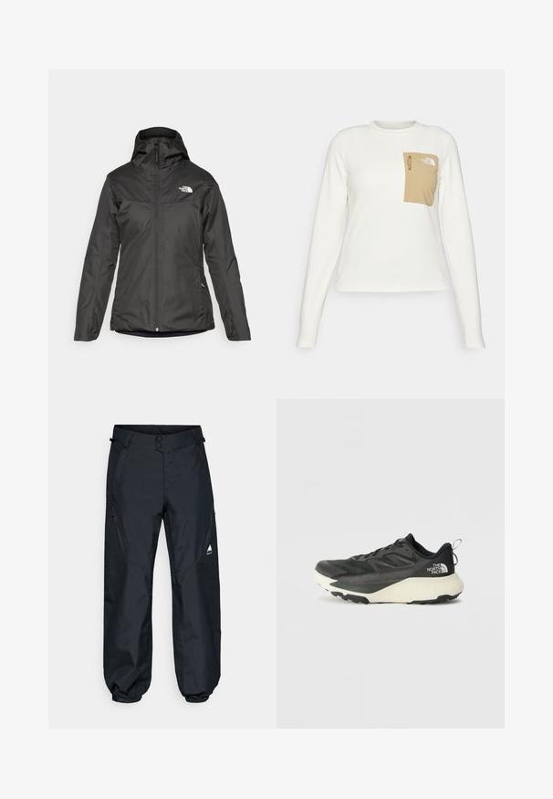 Svart isolerad jacka med huva, fullständig dragkedja fram och elastiska manschetter. Tillverkad av mjukt, vattenavvisande material med logotypdetalj.; Vit långärmad skjorta i texturerad tyg med en beige lagficka som har dragsko och logotyp.; Svarta vattentäta byxor med en slät textur, elastiska manschetter, fickor med dragkedja på sidan och en bergslogotyp på underbenet.; Svart atletisk sko med en texturerad ovandel, med grå accenter och en vit mellanläggssula. Inkluderar en dragtab och en framträdande varumärkeslogotyp på hälen.