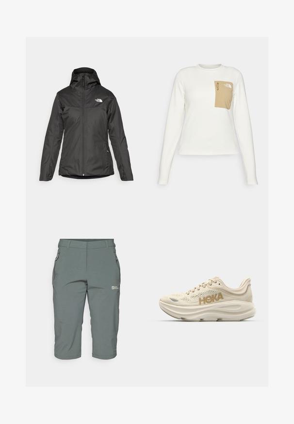 Sort isoleret jakke med hætte, fuld frontlynlås og elastiske manchetter. Lavet af glat, vandafvisende materiale med logodetaljer.; Hvid langærmet skjorte lavet af tekstureret stof med en beige lomme i patch-format, der har en snor og logo.; Grå udendørs shorts med en lynlåslomme, lige pasform og let, åndbart stof med en glat overflade.; Lys beige løbesko med mesh-overdel, polstret krave, fremtrædende "HOKA" logo i guld og tyk, polstret sål for komfort.