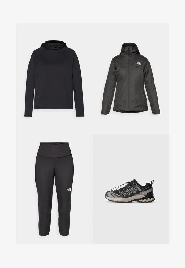 Must värviline isoleeritud jope, millel on kapuuts, täispikk tõmblukk ja elastsed mansetid. Valmistatud siledast, veekindlast materjalist, millel on logodetail.; Must mustaga pusa, mis on valmistatud siledast kangast, varrukad raglan lõikega ja kontrastse õmblusega, mis lisab detaili.; Mustad mustad capri retuusid on valmistatud elastsetest kangast, millel on kõrge vöökoht ja väike valge logo vasakul küljel. Sile tekstuur.; Must mustriline ja hallid spordijalatsid, millel on võrgu ülemine osa, kummist põhi ja elastne nööri süsteem. Omab tugevdatud varvaskatet ja tekstuursete aktsentidega detaile.