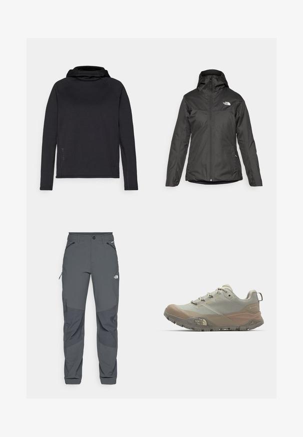 Czarna ocieplana kurtka z kapturem, pełnym zamkiem z przodu i elastycznymi mankietami. Wykonana z gładkiego, wodoodpornego materiału z detalem logo.; Czarna, długa koszulka z kapturem, wykonana z gładkiego materiału, z rękawami raglanowymi i kontrastowym szwem wzdłuż szwów dla dodatkowego efektu.; Ciemnoszare spodnie outdoorowe z wzmocnieniami na kolanach, zapinanymi po bokach i na frontowej kieszeni, z zapięciem na guzik oraz logo The North Face na udzie.; Jasnoszary but sportowy z beżowymi akcentami, wykonany z materiału syntetycznego. Posiada wytrzymałą podeszwę, sznurowany design i logo na boku.
