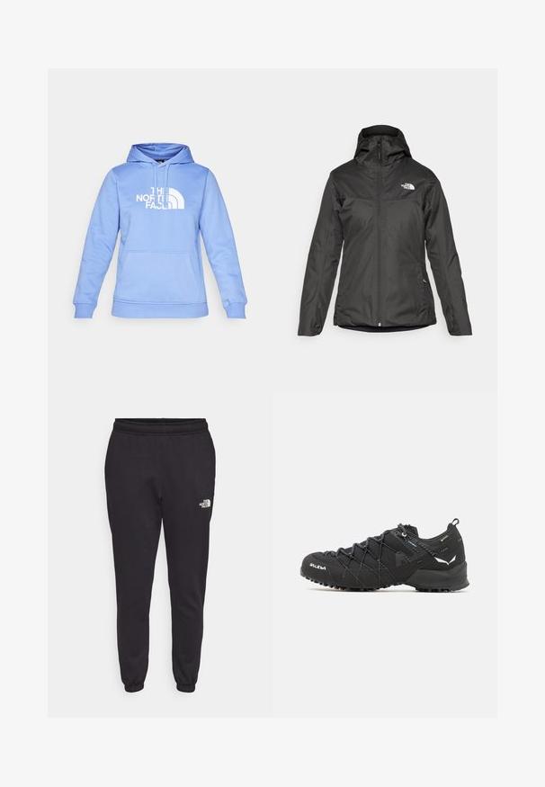 Czarna ocieplana kurtka z kapturem, pełnym zamkiem z przodu i elastycznymi mankietami. Wykonana z gładkiego, wodoodpornego materiału z detalem logo.; Jasnoniebieska hoodie wykonana z mieszanki bawełny. Posiada przednią kieszeń typu kangur i białą grafikę logo na klatce piersiowej.; Czarne spodnie dresowe wykonane z miękkiej mieszanki bawełny. Posiadają elastyczny pas, zwężające się nogawki oraz małe białe logo po prawej stronie u dołu.; Czarne buty trekkingowe z teksturowaną cholewką z tkaniny, systemem sznurowania i wytrzymałą gumową podeszwą. Udekorowane odblaskowymi detalami i logo.