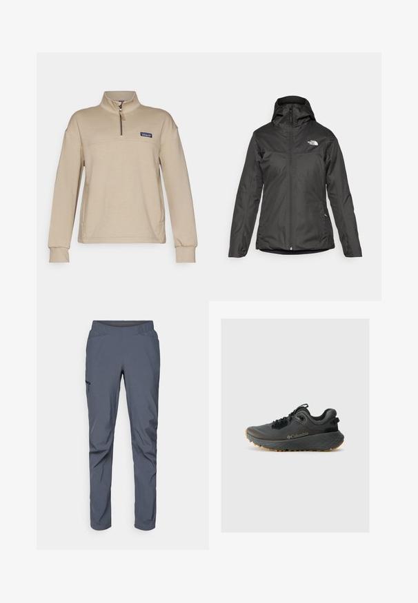 Must värviline isoleeritud jope, millel on kapuuts, täispikk tõmblukk ja elastsed mansetid. Valmistatud siledast, veekindlast materjalist, millel on logodetail.; Beige fliisist pulmärk, millel on poole tõmbluku, seisev kaelus ja pika varrukaga. Esiküljel on väike logopatch vasakul rinnal. Pehme tekstuur.; Hallid performance püksid, millel on elastne vöökoht, kaks eesmist taskut ja tõmblukuga küljetasku. Sile tekstuur ja kitsenev lõige.; Columbia TERRASTRIDE CRZ - Matkajalatsid - shark/black