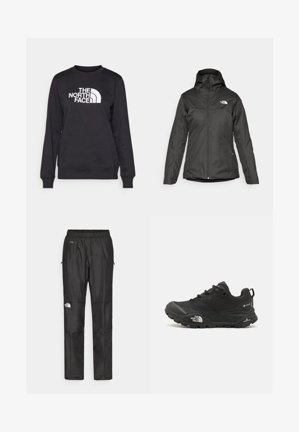 Svart isolert jakke med hette, full glidelås foran og elastiske mansjetter. Laget av glatt, vannavstøtende materiale med logo-detalj.; Svart hettegenser med rund hals, lange ermer, ribbestrikkede mansjetter og en hvit "The North Face"-logo sentrert på forsiden. Glatt tekstur.; Sorte vanntette bukser laget av lettvektig stoff, med elastisk midjebånd, sidelommer og en logo på venstre ben.; Svart tursko med teksturert overdel, snøring og en kraftig gummisåle som har et fremtredende logo på siden og mønster i sålen.