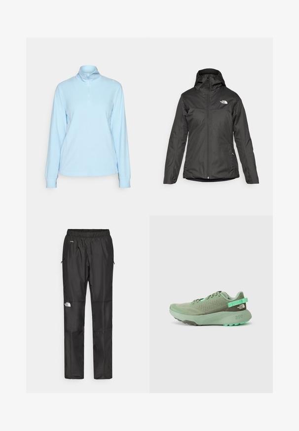 Casaco isolado preto com capuz, fecho frontal completo e punhos elásticos. Feito de um material liso e resistente à água com detalhe do logo.; Pullover azul claro, de mangas longas, com um colarinho alto e fecho de meia-zíper, feito de um tecido suave. Apresenta punhos ajustados e costuras planas.; Calças pretas à prova d'água feitas de um tecido leve, com cintura elástica, bolsos laterais e um logótipo na perna esquerda.; Sapatilha atlética verde com parte superior em malha, sobreposições texturizadas e sola de borracha espessa. Apresenta uma alça de puxar e detalhe do logótipo no calcanhar.