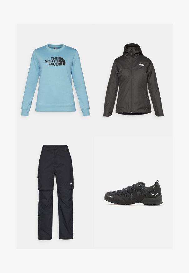 Czarna ocieplana kurtka z kapturem, pełnym zamkiem z przodu i elastycznymi mankietami. Wykonana z gładkiego, wodoodpornego materiału z detalem logo.; The North Face DREW PEAK petrol; Czarne nylonowe spodnie cargo z odpinanymi nogawkami, regulowanymi mankietami, wieloma kieszeniami oraz logo na prawej nogawce. Gładka, lekka tekstura.; Czarne buty trekkingowe z teksturowaną cholewką z tkaniny, systemem sznurowania i wytrzymałą gumową podeszwą. Udekorowane odblaskowymi detalami i logo.