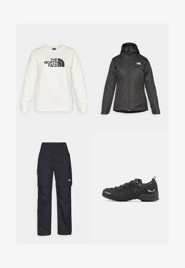 Czarna ocieplana kurtka z kapturem, pełnym zamkiem z przodu i elastycznymi mankietami. Wykonana z gładkiego, wodoodpornego materiału z detalem logo.; The North Face DREW PEAK mleczny; Czarne nylonowe spodnie cargo z odpinanymi nogawkami, regulowanymi mankietami, wieloma kieszeniami oraz logo na prawej nogawce. Gładka, lekka tekstura.; Czarne buty trekkingowe z teksturowaną cholewką z tkaniny, systemem sznurowania i wytrzymałą gumową podeszwą. Udekorowane odblaskowymi detalami i logo.