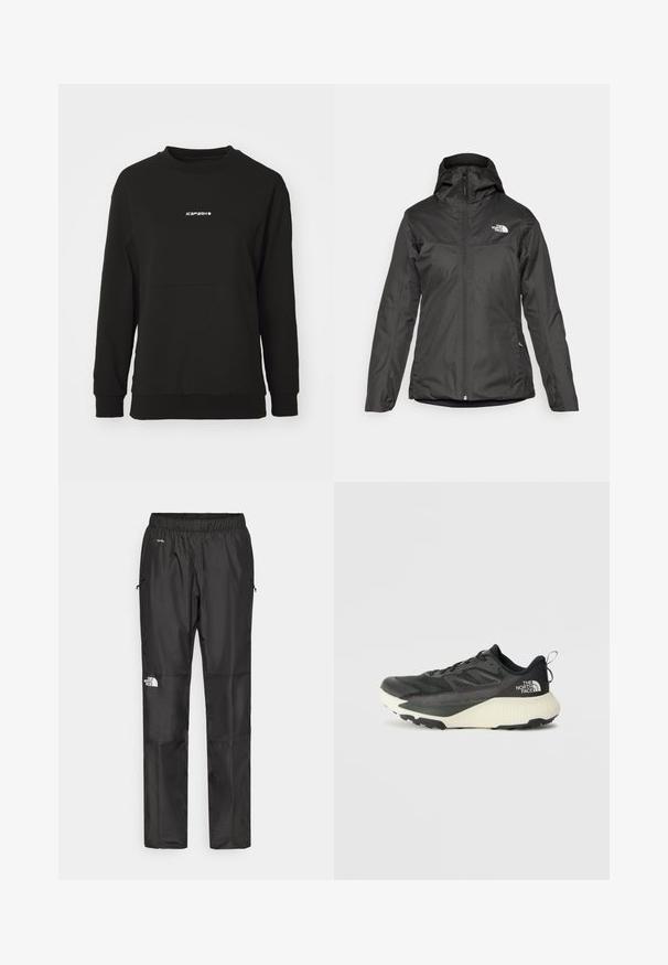 Black insulated jacket featuring a hood, full front zip, and elastic cuffs. Made of smooth, water-resistant material with logo detail.; Black sweatshirt made of textured material. Features a round neckline, long sleeves, and a central logo in white, with a fitted hem.; Black waterproof pants made from lightweight fabric, featuring an elastic waistband, side pockets, and a logo on the left leg.; Black athletic shoe with a textured upper, featuring gray accents and a white midsole. Includes a pull tab and prominent brand logo on the heel.