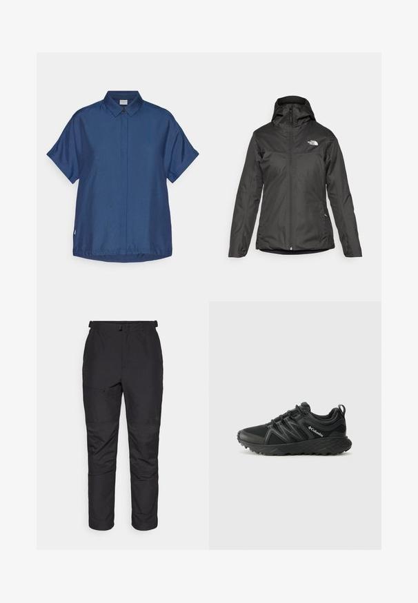 Musta eristävä takki, jossa on huppu, koko etuvetoketju ja joustavat hihansuut. Valmistettu sileästä, vettä hylkivästä materiaalista, jossa on logoyksityiskohta.; T-paita tummansinisestä sileästä kankaasta, lyhythihainen. Klassinen kaulus, edessä nappikiinnitys ja rento istuvuus suoralla helmalla.; Mustat ulkoiluhousut, jotka on valmistettu kevyestä materiaalista. Ne ovat sileäpintaiset, niissä on joustava vyötärö, vetoketjullinen tasku ja paneeliviimeistely alavarsilla.; Columbia PEAKFREAK - Vaelluskengät - black