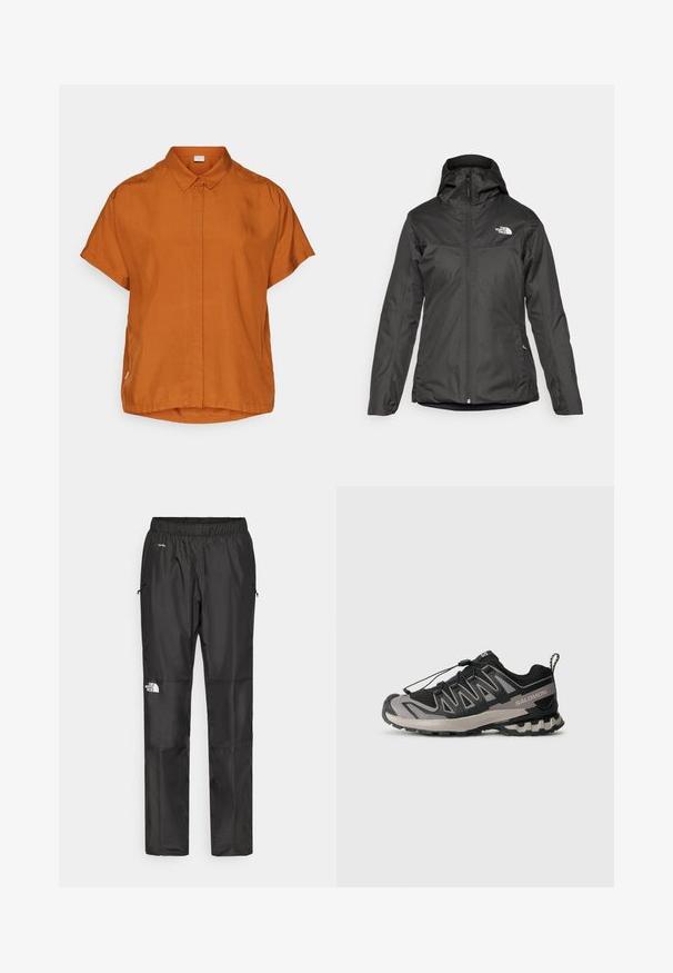 Sort isoleret jakke med hætte, fuld frontlynlås og elastiske manchetter. Lavet af glat, vandafvisende materiale med logodetaljer.; Kortærmet orange skjorte lavet af letvægtigt stof, med knaplukning foran, krave og en let rundet kant.; Sorte vandtætte bukser lavet af letvægtsstof, med elastisk talje, sidelommer og et logo på venstre ben.; Sort og grå atletiksko med overdel i mesh, gummisål og elastisk snøresystem. Har forstærket tå og teksturerede detaljer.