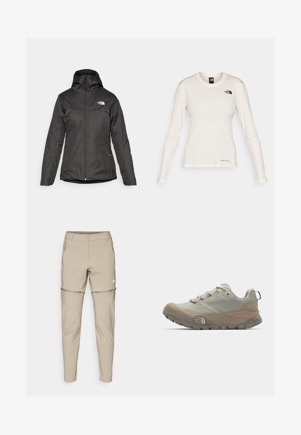 Musta eristävä takki, jossa on huppu, koko etuvetoketju ja joustavat hihansuut. Valmistettu sileästä, vettä hylkivästä materiaalista, jossa on logoyksityiskohta.; The North Face SHADOW LONG SLEEVE - Pitkähihainen paita - white dune; Vaaleanbeige, kevyet ulkoiluhousut, joissa on vetoketjulliset taskut ja vetoketjullinen muunnosominaisuus shortsiksi. Silkkinen kangas, kapea leikkaus.; Harmaa urheilukenkä beigeillä yksityiskohdilla, valmistettu synteettisestä materiaalista. Varustettu karkealla pohjalla, nauhakuoressa ja brändäyksellä sivussa.