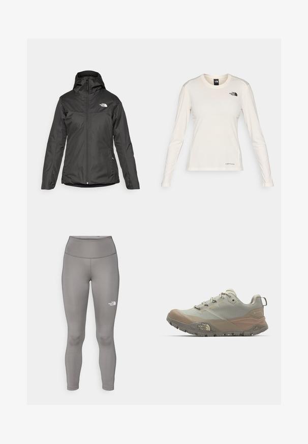 Svart isolert jakke med hette, full glidelås foran og elastiske mansjetter. Laget av glatt, vannavstøtende materiale med logo-detalj.; The North Face SHADOW LONG SLEEVE - Topper langermet - white dune; Grå tights laget av et elastisk materiale, med høy midje og Northern Face-logoen i hvitt på venstre ben.; Lys grå sportssko med beige aksenter, laget av syntetisk materiale. Har en robust såle, snøring, og merking på siden.