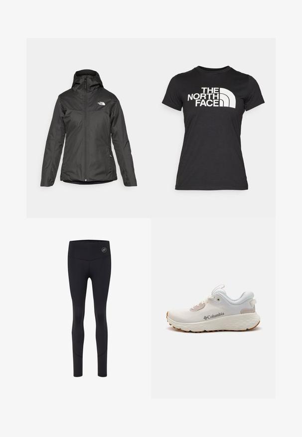 Giubbotto isolante nero con cappuccio, zip frontale completa e polsini elasticizzati. Realizzato in materiale liscio e resistente all'acqua con dettagli del logo.; T-shirt nera in cotone con maniche corte. Presenta una grande scritta bianca e una grafica curvata sul davanti. Texture liscia.; Leggings neri sportivi con vita alta, dotati di un logo sul davanti, texture liscia e design aderente.; Scarpa atletica leggera Columbia in rete bianca con suola grigia testurizzata e trazione in gomma. Presenta un colletto imbottito e un design con lacci.