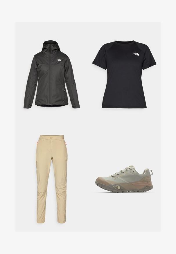 Crna izolirana jakna s kapuljačom, punim prednjim zatvaračem i elastičnim manžetama. Izrađena od glatkog, vodoodpornog materijala s detaljem loga.; Crna kratka atletska majica s kratkim rukavima, okruglim izrezom i logotipom The North Face na gornjem lijevom dijelu prsnog koša.; Bež hlače za van s glatkom teksturom, sa narančastim patentnim zatvaračem, uskim krojem i malim bijelim logotipom sprijeda.; Svijetlosiva atletska cipela s bež naglascima, izrađena od sintetičkog materijala. Ima robustan potplat, dizajn na vezanje i branding sa strane.