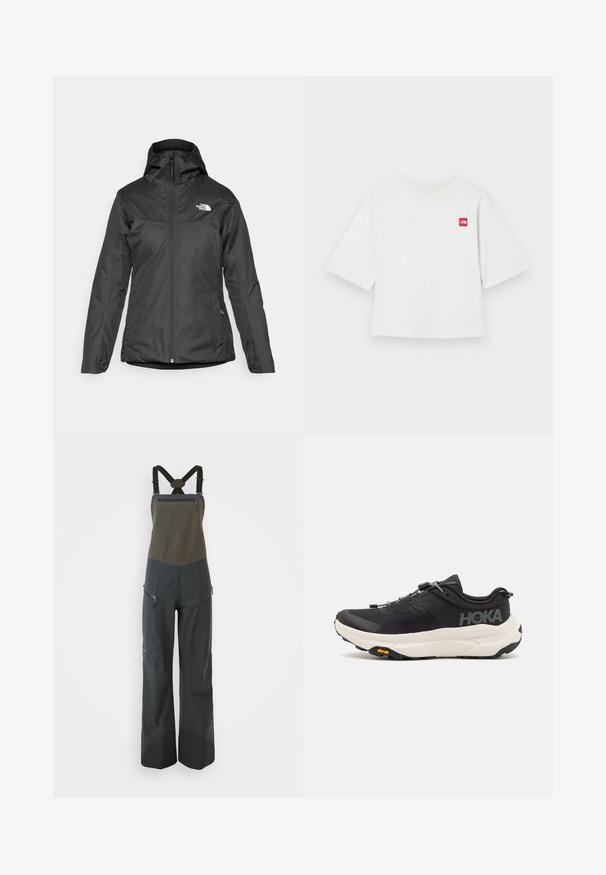 Casaco isolado preto com capuz, fecho frontal completo e punhos elásticos. Feito de um material liso e resistente à água com detalhe do logo.; T-shirt branca de manga curta, feita de algodão. Apresenta um pequeno logotipo quadrado vermelho na área do peito esquerdo. Corte reto. Textura suave.; Calças de fato isolantes em azul escuro e verde oliva, com alças ajustáveis, zíperes laterais e uma textura suave. Apresenta bainhas inferiores reforçadas.; Ténis de desporto pretos com um cabedal em malha respirável, sola de borracha, entressola branca com amortecimento e atacadores refletivos. Logótipo Vibram na sola.