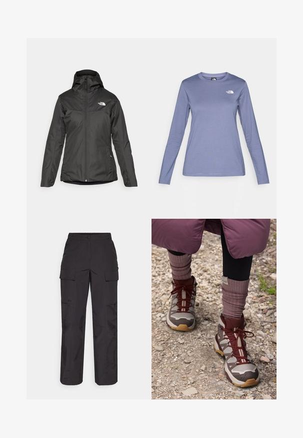 Musta eristävä takki, jossa on huppu, koko etuvetoketju ja joustavat hihansuut. Valmistettu sileästä, vettä hylkivästä materiaalista, jossa on logoyksityiskohta.; Pitkähihainen paita vaaleanliilasta kankaasta, jossa on pyöreä kaula-aukko ja valkoinen The North Face -logo vasemmalla rinnalla. Sujuva tekstuuri, rento istuvuus.; Mustat cargo-housut, jotka on valmistettu kestävästä kankaasta, sisältävät useita sivutaskuja, napin sulkemisen ja löysän istuvuuden suorin lahkeineen.; Salomon X ULTRA 360 EDGE MID GTX - Vaelluskengät - silver cloud/iron/rum raisin