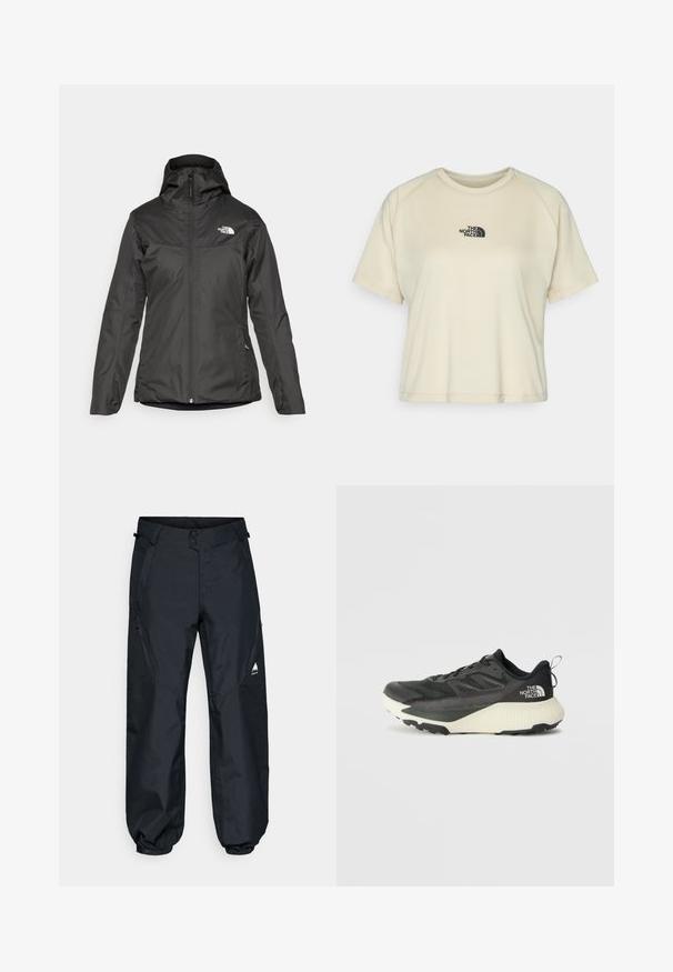 Svart isolert jakke med hette, full glidelås foran og elastiske mansjetter. Laget av glatt, vannavstøtende materiale med logo-detalj.; Kremfarget kortermet t-skjorte med rund hals og raglanermer. Har en svart brodert logo på øvre bryst.; Sorte vanntette bukser med jevn tekstur, elastiske mansjetter, glidelåslommer på sidene og et fjell-logo på det nedre beinet.; Svart treningssko med teksturert overdel, med grå detaljer og hvit såle. Har en pull tab og fremtredende merkevarelogo på hælen.