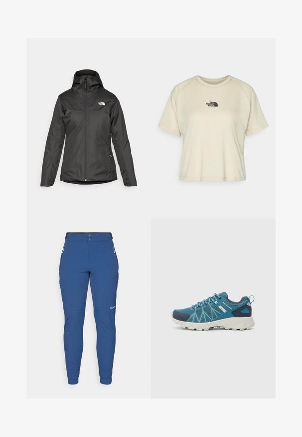 Crna izolirana jakna s kapuljačom, punim prednjim zatvaračem i elastičnim manžetama. Izrađena od glatkog, vodoodpornog materijala s detaljem loga.; Krem bež majica kratkih rukava s okruglim izrezom i raglan rukavima. Sadrži crni izvezeni logo na gornjem dijelu prsnog koša.; Plave hlače od rastezljive tkanine slim kroja, s dva bočna džepa na zip i elastičnim manžetama, dizajnirane za vanjske aktivnosti.; Columbia PEAKFREAK™ II OUTDRY™ - Obuća za pješačenje - blue heron/skylight