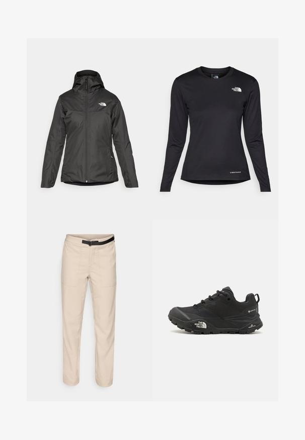 Giubbotto isolante nero con cappuccio, zip frontale completa e polsini elasticizzati. Realizzato in materiale liscio e resistente all'acqua con dettagli del logo.; The North Face SHADOW LONG SLEEVE - Maglietta a manica lunga - black; Pantaloni beige con una texture liscia, dotati di due tasche frontali, una cintura nera e un design a gamba dritta.; Scarpa da trekking nera con una tomaia texturizzata, chiusura con lacci e una suola di gomma spessa che presenta un logo prominente sul lato e disegni del battistrada.
