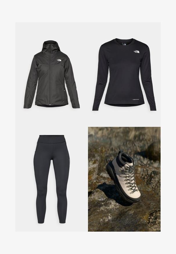Veste noire isolée avec capuche, fermeture éclair sur le devant et poignets élastiques. Fabriquée en matériau lisse et résistant à l'eau avec un détail de logo.; The North Face SHADOW LONG SLEEVE - T-shirt à manches longues - black; Leggings de sport noirs avec une taille haute, texture lisse et poches latérales. Présente des coutures visibles et un logo de marque sur la jambe.; Bottillon de randonnée beige clair avec une semelle en caoutchouc noir, dessus flexible, œillets en métal et lacets gris, posé sur une surface rocheuse.