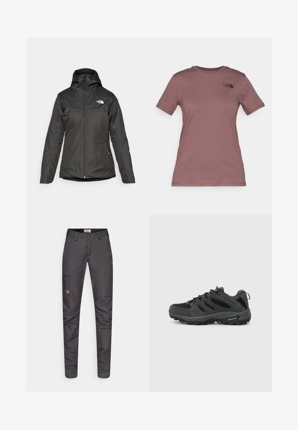 Crna izolirana jakna s kapuljačom, punim prednjim zatvaračem i elastičnim manžetama. Izrađena od glatkog, vodoodpornog materijala s detaljem loga.; Ljetna majica s kratkim rukavima i okruglim izrezom u umirenoj ljubićastoj boji, izrađena od mekanog materijala. Ima mali crni logo na gornjem lijevom dijelu prsiju.; Sive lagane cargo hlače s prilagođenim krojem, s bočnim džepom, ojačanim koljenima i kožnom oznakom s logotipom.; Columbia REDMOND - Obuća za pješačenje - black/citron haze