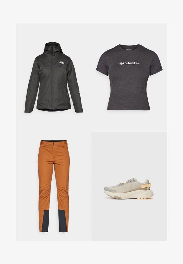 Melnā izolētā jakā ar kapuci, pilnu priekšējo rāvējslēdzēju un elastīgām piedurknēm. Izgatavota no gludas, ūdensizturīgas materiāla ar logo detaļu.; Tumši pelēks īsām piedurknēm T-krekls, izgatavots no teksturētas auduma, ar apaļu kaklu, ar baltu Columbia logo krūtīs.; Oranžās āra bikses ar taisnu griezumu, ar tumši zilu akcentu apakšējās kājās, divām priekšējām kabatām ar rāvējslēdzējiem un pogu aizdari.; Gaiši bežs skriešanas apavi ar teksturētu sieta virsu, pelēkiem akcentiem, izturīgu gumijas zoli un aizmugurējo cilpu, kas atvieglo uzvilkšanu.