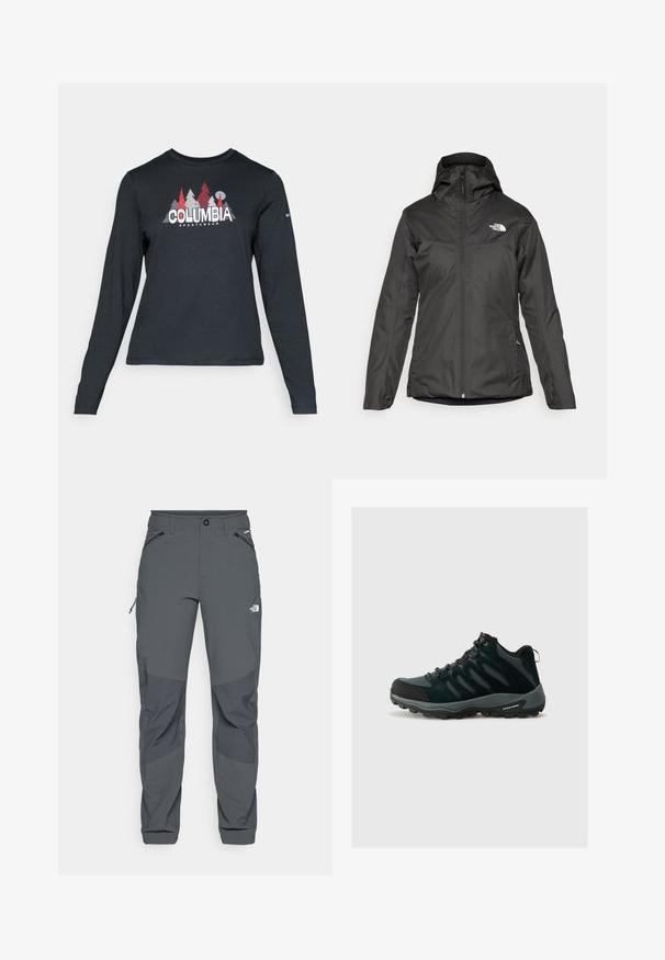 Chaqueta aislante negra con capucha, cremallera frontal completa y puños elásticos. Fabricada en material suave y resistente al agua con detalles de logotipo.; Camisa de manga larga gris oscuro con un gráfico de árboles rojos y montañas; logo "COLUMBIA" en texto blanco en negrita. Tela suave, cuello redondo estándar.; Pantalones de exterior gris oscuro con parches de refuerzo en las rodillas, bolsillos laterales y frontales con cremallera, cierre de botón y el logo de The North Face en el muslo.; Columbia REDMOND - Zapatillas de senderismo - black/citron haze