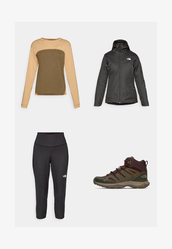 Črna izolirana jakna s kapuco, polnim sprednjim zadrgo in elastičnimi manšetami. Narejena iz gladkega, vodoodpornega materiala z logotipom.; Majica z dolgimi rokavi z bež zgornjim delom in temno olivno zelenim spodnjim delom. Mehka, teksturirana tkanina z kontrastnimi ramenskimi šivi.; Črne capri legice iz raztegljive tkanine, z visokim pasom in majhnim belim logotipom na levi strani. Gladka tekstura.; Rjavi in zeleni pohodni čevlji z mrežastimi paneli, gumijastim podplatom in podporo. Vključuje teksturirano površino in izstopajoči sistem vezalk.