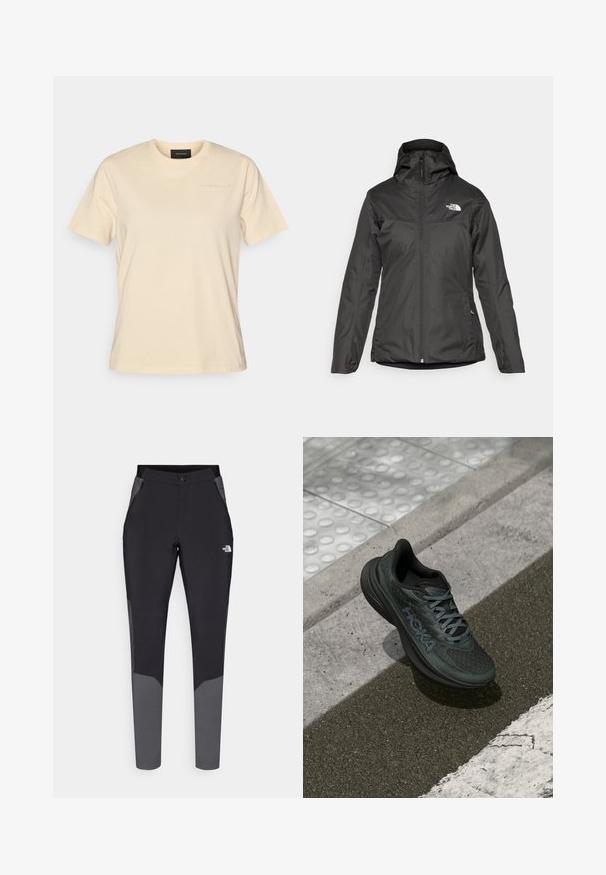 Svart isolert jakke med hette, full glidelås foran og elastiske mansjetter. Laget av glatt, vannavstøtende materiale med logo-detalj.; Lett kortermet t-skjorte med rund hals i lys beige bomull, med en liten, tonet logo på brystet og en avslappet passform.; Svarte utendørsbukser med grå detaljer, med en tettsittende design, elastisk midje, lommer med glidelås og slitesterkt, lett materiale.; Svart løpesko med mesh-overdel, teksturerte detaljer og logo, med en polstret såle og grå snøringer, plassert på asfalt.