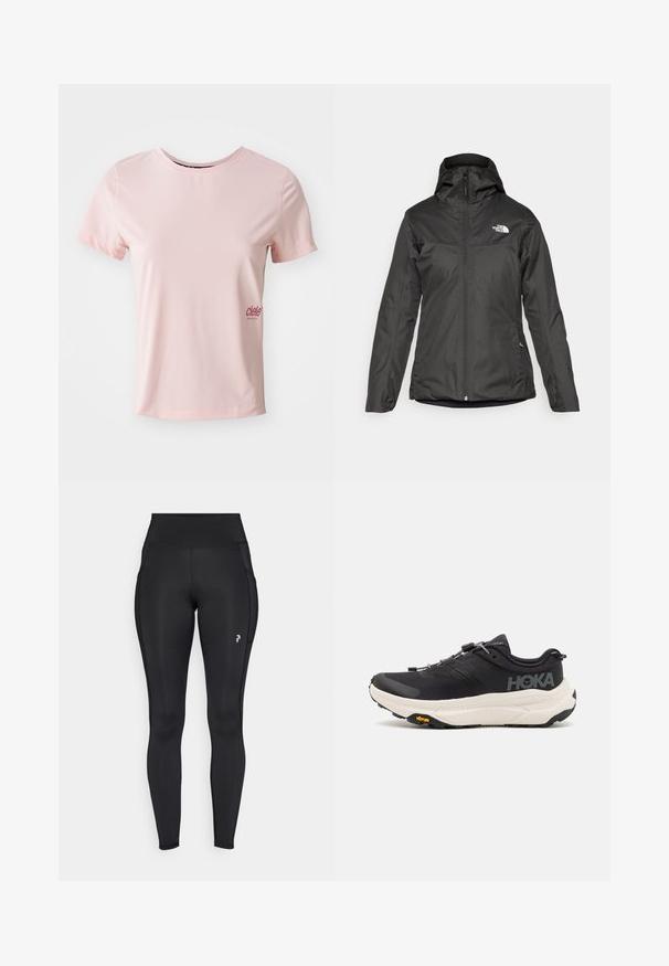 Fekete, szigetelt dzseki kapucnival, teljes elülső cipzárral és rugalmas mand zsebekkel. Zömében sima, vízálló anyagból készült, logó részlettel.; Rózsaszín, rövid ujjú sport póló sima anyagból, kerek nyakkivágással. Bal oldalon kisebb, sötétebb rózsaszín logóval rendelkezik.; Fekete, teljes hosszúságú leggings sztreccs anyagból, magas derékkal, oldalsó zsebekkel és egy kis logóval a bal combon.; Fekete sportcipők lélegző hálós felsőrésszel, gumitípusú talppal, fehér párnázott középtalppal és fényvisszaverő fűzőkkel. Vibram logó a talpon.