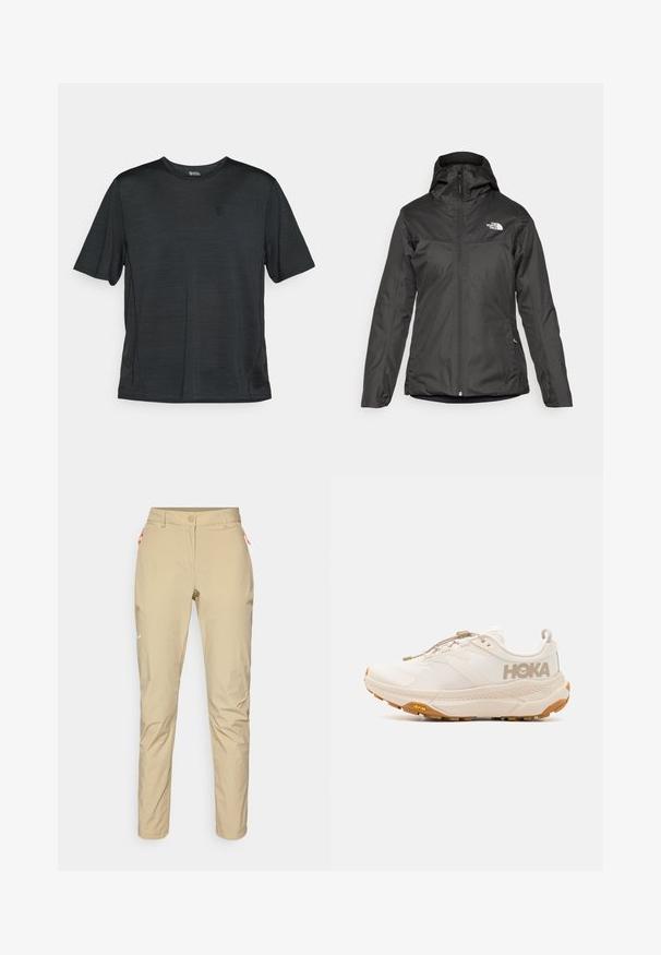 Juodas izoliuotas švarkas su kapuce, pilnu priekiniais užtrauktuku ir elastingomis manžetėmis. Pagamintas iš sklandžios, vandeniui atsparios medžiagos su logotipo detalėmis.; Juodas trumpas rankovėmis sportinis marškinėliai, pagaminti iš lengvo, drėgmės sugeriančio audinio. turi apvalų kaklą ir mažą logotipą krūtinės srityje.; Smėliniai lauko kelnės su lygiu paviršiumi, turinčios oranžinę užtrauktuko kišenę, aptemptą siluetą ir mažą baltą logotipą priekyje.; HOKA TRANSPORT - Turistiniai batai - eggnog