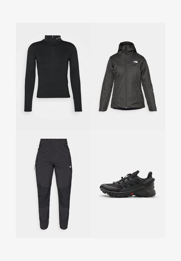Čierna zateplená bunda s kapucňou, plným predným zipsom a elastickými manžetami. Vyrobená z hladkého, vodeodolného materiálu s detailom loga.; Čierna základná vrstva s dlhými rukávmi, vysokým golierom a štvrťzipovým zapínaním. Hladká textúra a priliehavý strih pre optimalizovaný výkon.; Čierne vonkajšie nohavice vyrobené z odolného materiálu. Obsahujú vrecká na zips, zosilnené kolenné panely a rovný strih pre pohyblivosť.; Čierne atletické topánky s textúrovaným zvrškom, vybavené bezpečným systémom šnurovania, čalúnenou podrážkou a výrazným červeným akcentom po boku.